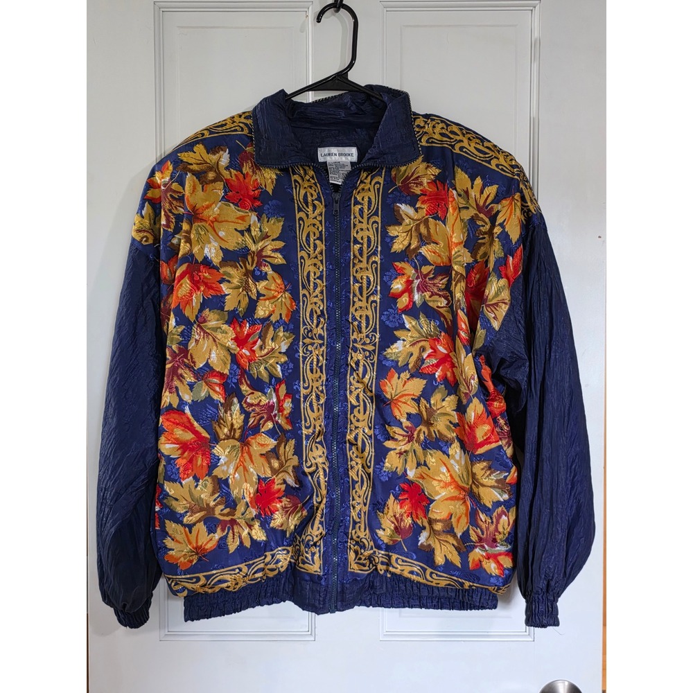 Vintage Lauren Brooke 90 Floral Leaf Windbreaker Jacket Navy Gold XL Cottagecore